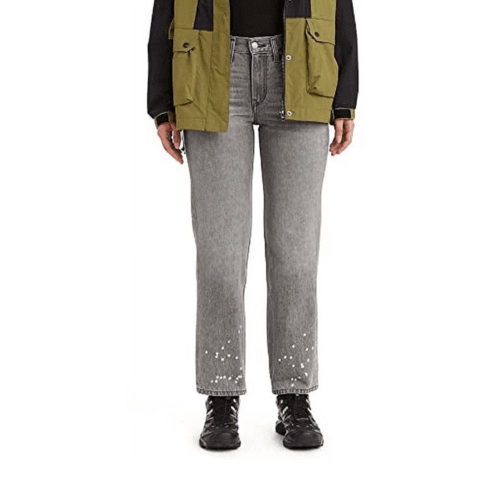 Levis Jeans Womens 27 Gray Denim Low Pro Straight Leg Mid Rise Paint Splatter